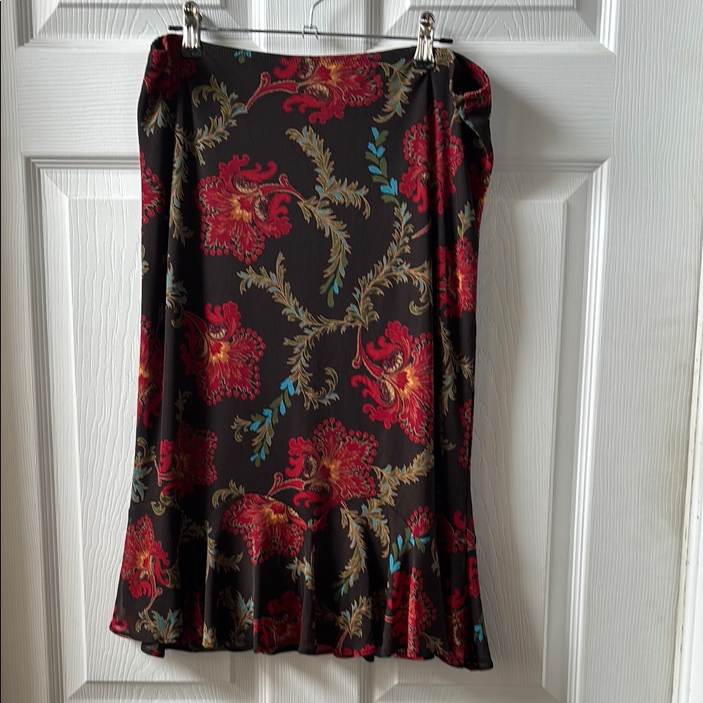 Express Brown Knee-Length Skirt, Red and Green Floral Design, Flutter Hemline